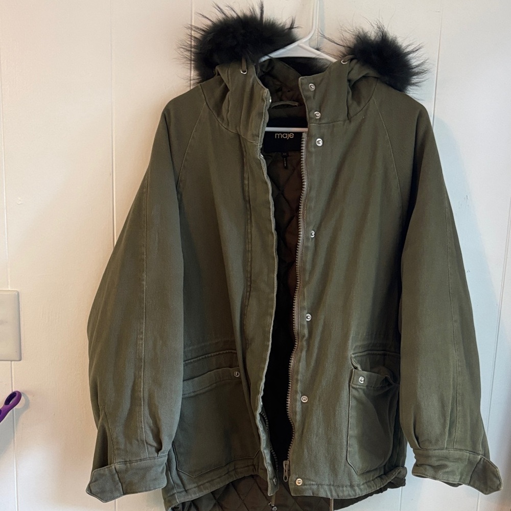 Maje fur parka size 38 army green padded